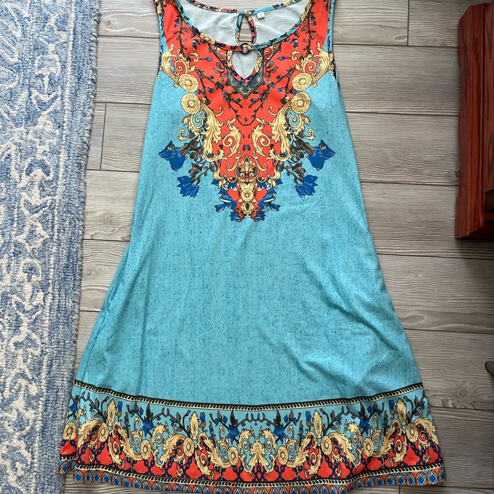 Sleeveless Blue and Orange Patterned Women's Dress with Pockets